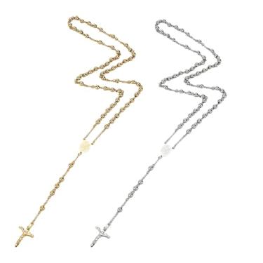 Imagem de GOMAKERER 2 colares de cruz de 2 cores para Woemn, 6 mm, rosário, pingente de crucifixo e cruz para presente cristão de Páscoa, 70 cm de comprimento