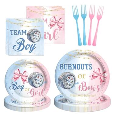 Imagem de Fiesec Conjunto de utensílios de mesa para decoração de revelação de gênero Burnouts ou laços, suprimentos de festa para bebês com pratos para meninos ou meninas, guardanapos, garfos para festas de