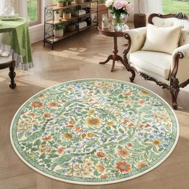 Imagem de Tapete redondo 1,2 m grama verde lavável floral tapete círculo, vintage boho botânico, tapete circular antiderrapante macio de pelo baixo para quarto, quarto de crianças, dormitório universitário