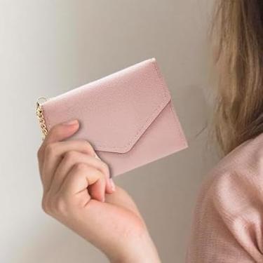 Imagem de Carteira feminina de poliuretano pequena e delicada, design de botão com zíper com vários compartimentos para cartões e pingente de borla para compras, viagens, encontros, rosa, Bonito