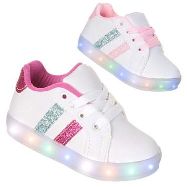 Imagem de Tenis Led Luz Pisca Criança Infantil Feminino Branco Rosa ou Pink - PC
