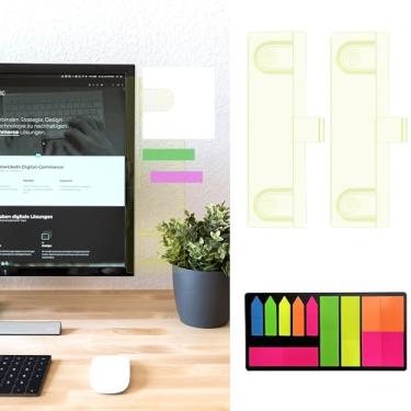 Imagem de Keenjorika 2 peças de suporte multifuncional de documentos para monitor, quadro de acrílico amarelo com clipes, quadro de mensagens de mesa para escritório com notas adesivas