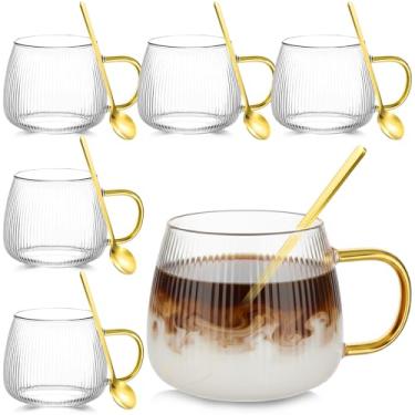 Imagem de Layhit 6 conjuntos de canecas de café de vidro listrado com colheres 382 g Copos de chá transparentes com alça mini colher para leite, latte, cappuccino, expresso, bebidas frias ou quentes