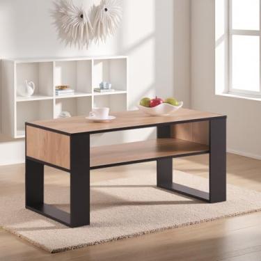 Imagem de CENSI Mesa de centro de 91 cm para sala de estar, mesa central moderna preta e de carvalho com prateleira de armazenamento aberta, mesa de coquetel retangular de madeira, L 91 x P 40 x 48 cm