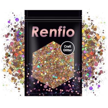 Imagem de Renfio Brilho grosso em ouro holográfico, flocos de PET metálicos misturados com pó fino glitter para artesanato pigmento de resina ornamento de enfeite para cabelo decoração de casamento de 99 g (100 g) - Ouro a laser diamante