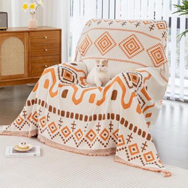 Imagem de JPGGD Capa de sofá boho, capa de sofá de chenille lavável para cães, capas de sofá boho para sofá animais de estimação, capas de sofá boêmias para poltrona reclinável (laranja, 180 cm x 180 cm)