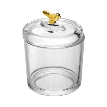 Imagem de Pote Decorativo com Tampa Pássaro Dourado 8,5x11,5cm | Cristal Ecológico Transparente | Porta-Jóias e Açucareiro de Luxo