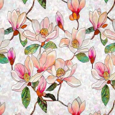 Imagem de FEOMOS Película de janela de vitral, película decorativa de privacidade de janela floral com bloqueio de sol e calor UV, adesivo de magnólia de cobertura de janela arco-íris para casa 45 x 199 cm