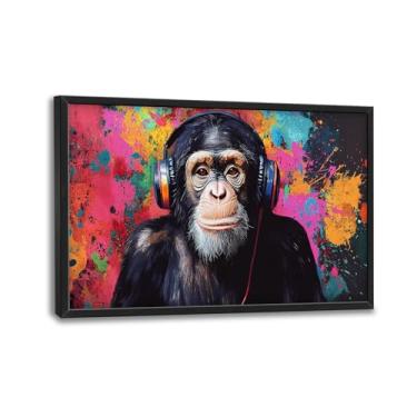 Imagem de Gorilla Wall Art, Banksy Gorilla Headphones Pictures Wall Decor, Graffiti Funny Animal Canvas Prints, Grande Arte Moderna Emoldurada para Banheiro Sala de Estar Quarto Escritório Sala de Jantar 91 cm