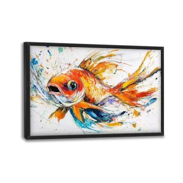Imagem de Arte de parede emoldurada de peixe grande para sala de estar, decoração de parede de peixe dourado de grafite grande, pintura em tela de pesca, arte moderna, decoração de casa para sala de estar
