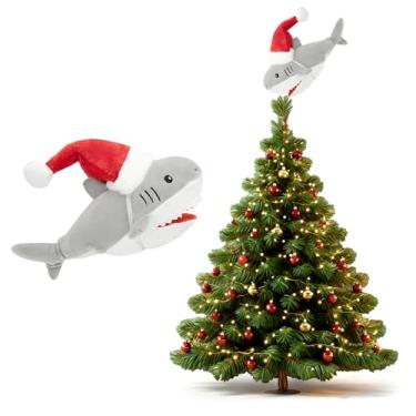 Imagem de Topper de árvore de Natal de tubarão cinza de 30,5 cm com chapéu de Papai Noel, tema engraçado do oceano costeiro, decoração de férias para decoração de casa e festa (tubarão)