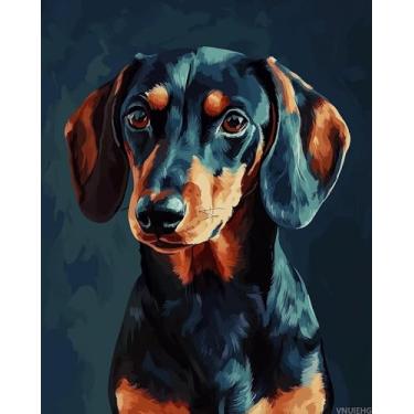 Imagem de VNUIEHG Kits de pintura de cães Dachshund por números para adultos, pintura de cães por números, arte de parede de retrato de cachorro fofo, pintura acrílica animal para presente de casa decoração de