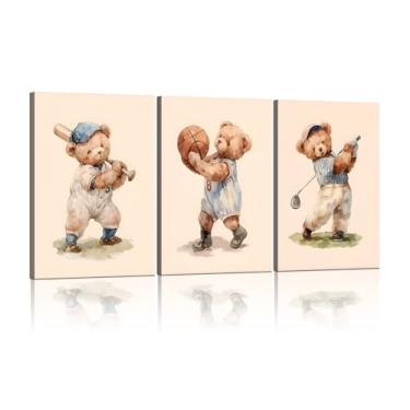 Imagem de Urso de pelúcia esportes berçário animal arte de parede bonito floresta rúgbi decoração de parede imagens vintage basquete beisebol quarto de crianças impressões para quarto de meninos decoração de