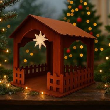 Imagem de Casinha de Natal em MDF 40cm para Presépio Decoração Natalina Artesanal - Casa Presepio de Montar com Cerca e Estrela - Enfeite Decorativo para Natal - MDF Marrom