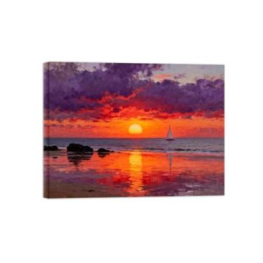 Imagem de Quadro em tela paisagem sol praia mar céu alaranjados Arte parede costeira para sala de estar Pintura paisagem pronta para pendurar 60x80cm24x31in