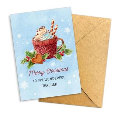 Imagem de Podagree Cartão Merry Christmas to My Wonderful Teacher para professores de estudantes ou famílias, design de caneca de suéter vermelho aconchegante com folhas de azevinho e arte de biscoito - 20 x 13