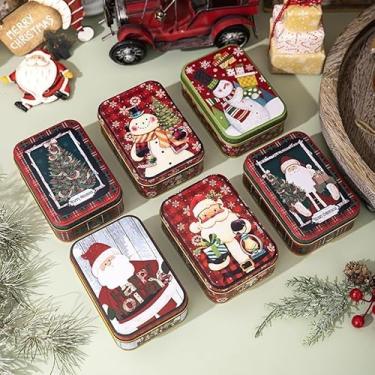 Imagem de Conjunto de caixas de lata de Natal com desenhos de Papai Noel, boneco de neve e árvore de Natal, recipientes decorativos de armazenamento para doces, presentes, lembrancinhas de festas de fim de ano