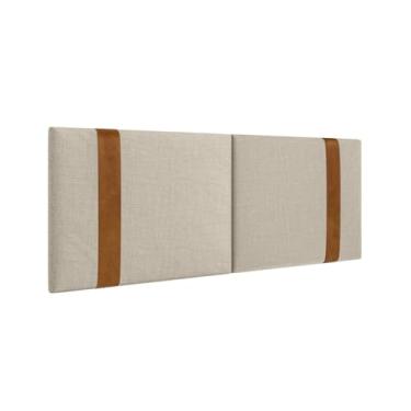 Imagem de Cabeceira Queen em Linho Cru Off White com Detalhes em Couro Ecológico Caramelo – Design Sofisticado e Versátil para Seu Quarto(Queen)