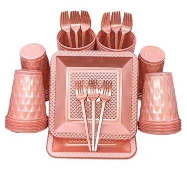 Imagem de Kit 260 Itens Descartaveis Festa Aniversário Prato Quadrado Diamante Plástico Colorido Perolado Candy Pastel (Rose Perolado)