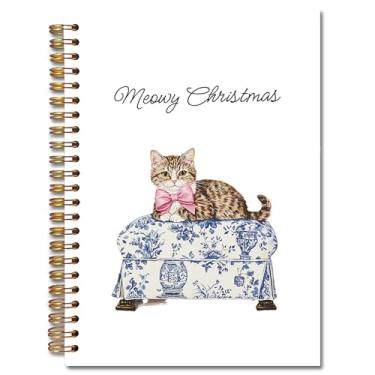 Imagem de Exqcom Chinoiserie Caderno espiral de gato malhado de Natal, laço rosa azul e branco, diário de gato malhado para mulheres, caderno de capa dura Feliz Natal, material escolar, 14 x 21 cm