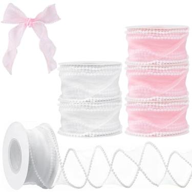 Imagem de Elesunory 6 rolos 4 cm x 4,92 metros fita de borda de pérola sintética, rolo de fita de pérola de Natal, fitas de organza transparente branca e rosa com pérolas para embrulho de presente, decoração de