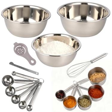 Imagem de COSYOO Conjunto de tigelas de mistura de aço inoxidável com 17 peças, inclui recipientes de 3 tamanhos, 12 ferramentas de medição, batedor de 25 cm, separador de ovos de plástico, conjunto de