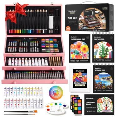 Imagem de Shuttle Art Kit de arte de presente de luxo, conjunto de 202 peças de materiais de arte de madeira com 4 blocos de desenho, telas, folhas de colorir, tinta acrílica, giz de cera, pastéis a óleo, lápis