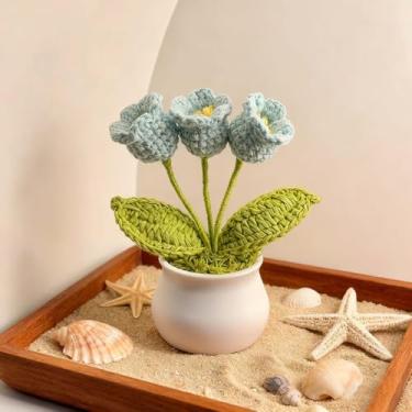 Imagem de Flores de crochê, lindas flores em vaso, acessórios de mesa de flores falsas, decoração de mesa, decoração de escritório em casa (azul LL)