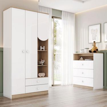 Imagem de Quarto de Bebê Completo Magia 3 Portas 5 Gavetas Branco/Jequitibá - Henn
