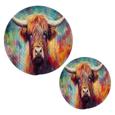 Imagem de Blueangle 2 peças de porta-panelas coloridas de vaca Highland – conjunto de pegadores de panela de tecido redondo – almofadas quentes trançadas de algodão – porta-copos – tapetes de mesa para cozinhar