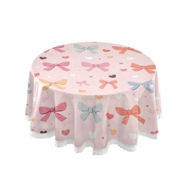 Imagem de SEHANY Toalha de mesa redonda com laço rosa de 152 cm, tecido lavável sem rugas, toalha de mesa decorativa de renda para restaurante, casamento, acampamento, festa de cinco de maio