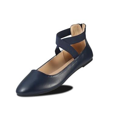Imagem de EMMA NEW YORK Sapatilhas femininas confortáveis com alça, sapatilha bailarina com tiras elásticas no tornozelo para mulheres, sapatos renascentistas, sapatos de bailarina rasos, Azul-marinho, 41