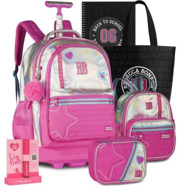 Imagem de Kit Mochila Rebecca Bonbon Holográfica Carrinho KT-RB27016, Rosa