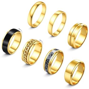 Imagem de sailimue 7 peças de anéis de aço inoxidável para homens e mulheres banhado a ouro 14K conjunto de anéis fidget cool spinner anel de corrente alívio da ansiedade simples masculino noivado promessa