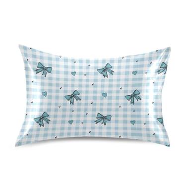 Imagem de SEHANY Capas de almofada de seda Blue Bow para cabelo e pele, capas de almofada de cetim respiráveis macias e refrescantes com fecho de envelope, tamanho king (50 x 66 cm)