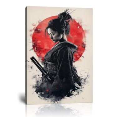Imagem de chenchenArt Arte de parede de samurai japonês para decoração de casa sala de estar quarto - pôster de imagem de gueixa samurai impressões em tela arte moderna emoldurada pronta para pendurar (61 cm L