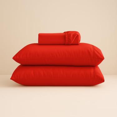 Imagem de Jogo de lençol 400 fios com fronha liso toque macio com elástico diversos tamanhos solteiro, casal, queen, king size (vermelho, King)