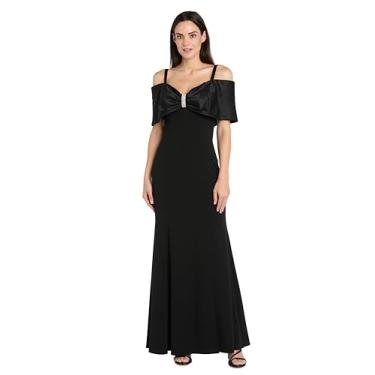 Imagem de R&M Richards Vestido feminino longo de sereia com ombro de fora - Vestido de noite com elástico com corpete de laço de cetim e detalhe de strass, Preto, 42