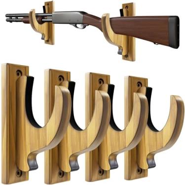 Imagem de Elifinds Suporte de parede para arma, suporte de arma de madeira maciça, ganchos de espingarda para espingarda vintage pistola de ar arco arco e flecha exibição horizontal (pacote com 4)