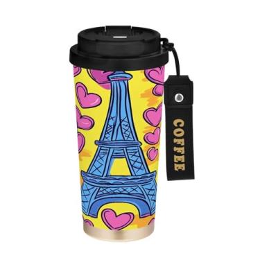 Imagem de STAYTOP Caneca de café com isolamento térmico Torre Eiffel com corações de 500 ml, copo de café reutilizável de aço inoxidável com tampa flip à prova de vazamento à prova de vazamento para escritório