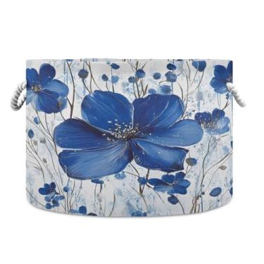Imagem de WELLDAY Cesta de corda de algodão flor azul cesta de lavanderia para bebê para sala de estar, lavanderia, berçário, travesseiros, decoração de casa