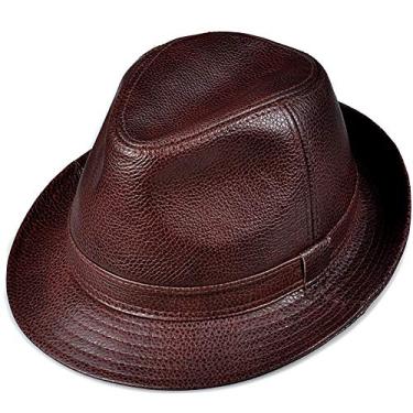 Imagem de uhyOHF Chapéus Trilby de couro jazz boné chapéu de aba curta chapéu de coco para homens/mulheres (marrom (couro bovino-2GG