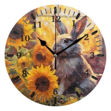 Imagem de CEBUGI Coelho girassóis relógio de parede operado a bateria relógios redondos silenciosos sem tique-taque relógios de parede para cozinha, banheiro, quarto, escritório, decoração 25,4 cm