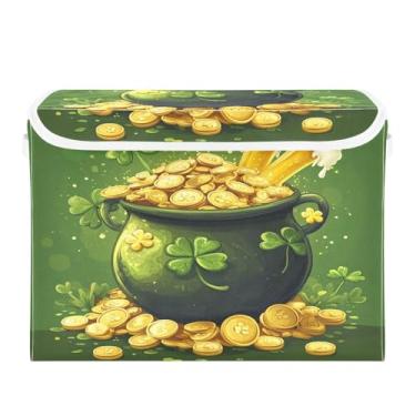 Imagem de CEBUGI Caixas de armazenamento com tampas, caixa de armazenamento de tecido dobrável, trevo de quatro folhas, compartimentos organizadores de cubo de moedas de ouro para armário de casa prateleiras de