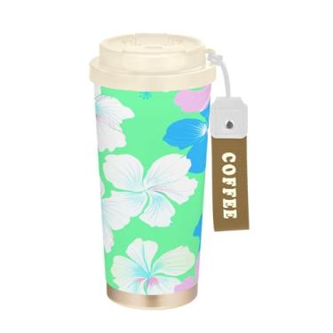 Imagem de Wassud Caneca de café de viagem isolada de flor branca copo à prova de vazamento com tampa e canudo garrafa de água de aço inoxidável para café quente/gelo, chá e cerveja