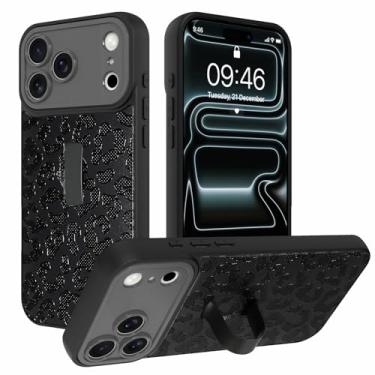 Imagem de AIGOMARA Capa para iPhone 17 Pro com alça de dedo suporte padrão leopardo design TPU macio amortecedor rígido PC traseiro anti-queda à prova de choque capa fina com suporte - preta