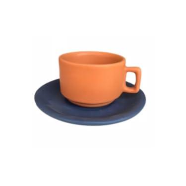 Imagem de Xícara de Chá c/Pires Cerâmica Rústica 200 ml (Terracota com Azul)