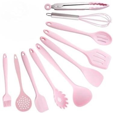 Imagem de Kit 10 Utensílios de Cozinha Silicone e Inox – Colheres Espátulas e Pegadores (Rosa)