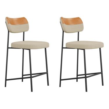 Imagem de Kit 2 Banquetas Médias para Cozinha Lila Estofada Aço Carbono Assento Estofado Whisky Bege Desk Design