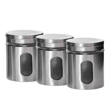 Imagem de Kit 3 Pote Porta Mantimento Em Inox Com Visor De Vidro Em Casa Tem 600ml